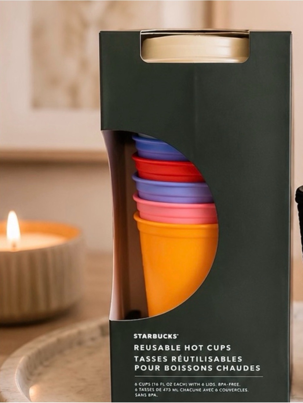 Brand new Starbucks Bright Yellow and Pastel Stackable 6 Reusable Cups w/lids